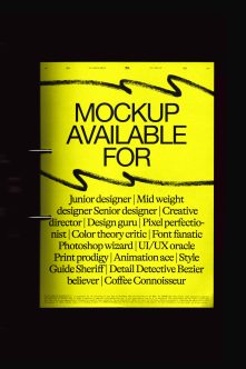 Bright yellow poster listing designer job titles with black wavy lines, spiral binding visible on left edge