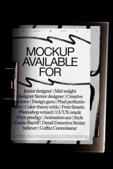 Magazine spread mockup with bold typography, black brush strokes, listing design roles