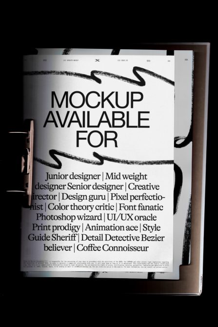Magazine spread mockup with bold typography, black brush strokes, listing design roles