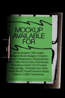 Magazine spread mockup in bright green showing hiring ad with brushstroke graphics