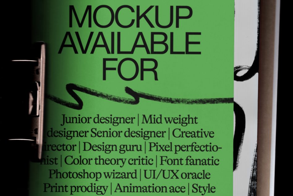 Bright green poster mockup with black text listing designer job titles, flanked by dark sculptural objects