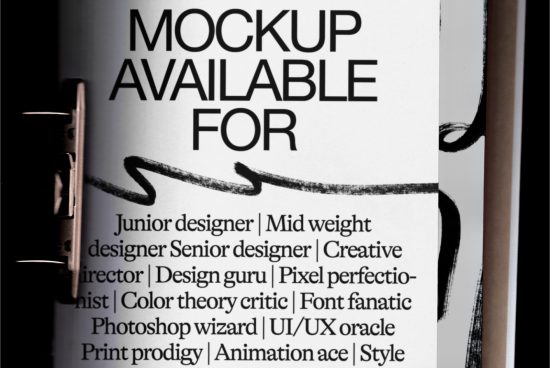 Close-up photo of a magazine mockup featuring design-related terms, ideal for presentation templates and designer portfolios.