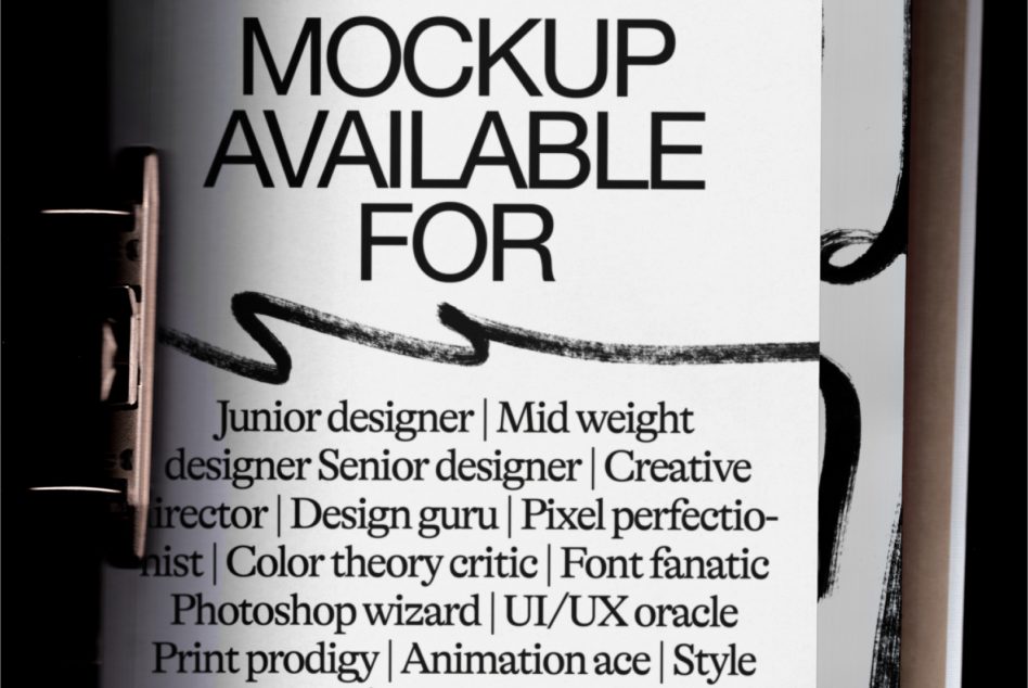 Minimalist poster with black text on white background listing designer job titles, with charcoal brush strokes
