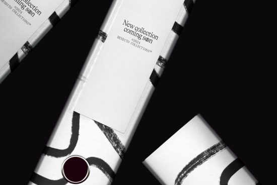 Elegant cosmetics packaging mockup with abstract black and white design, perfect for designers to showcase branding projects.