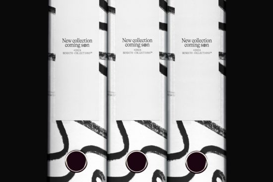 Mockup of three books with avant-garde covers and "New Collection Coming Soon" text, displaying black brush strokes on a white background.