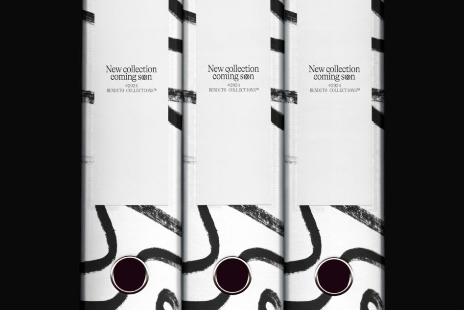 Mockup of three books with avant-garde covers and "New Collection Coming Soon" text, displaying black brush strokes on a white background.