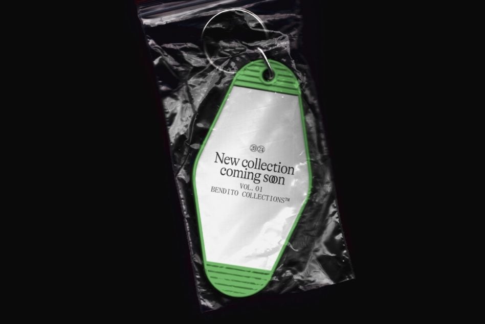 Lime green key tag in ziplock with crinkled packaging detail