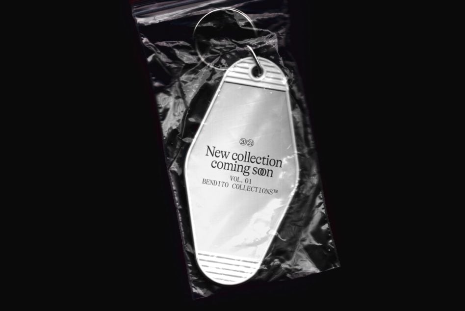 Cream motel key tag mockup in sealed clear plastic bag