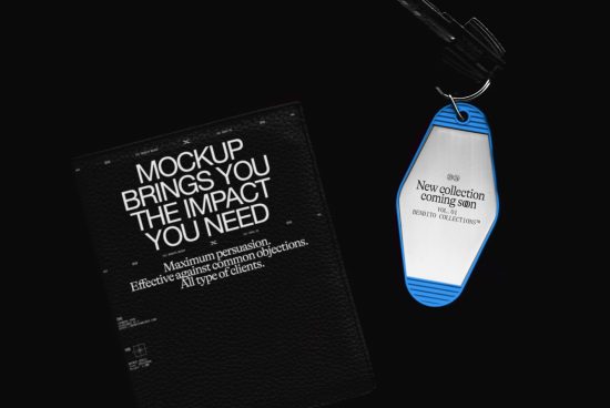 Product mockup design featuring leather texture notebook and branded tag, ideal assets for designers creating presentations and branding materials.