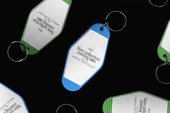 Key tags floating on black background with text preview design, ideal for mockups, templates, designers, and product presentations.