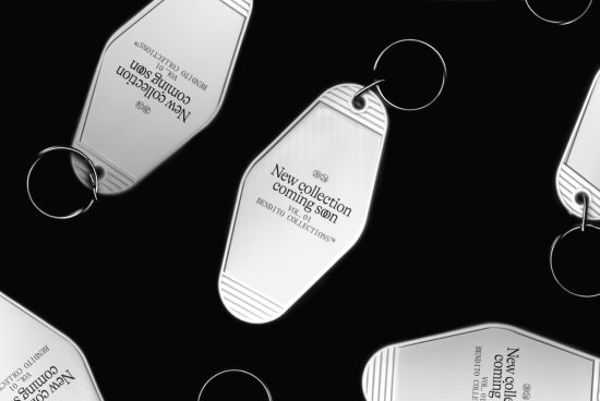 Elegant keychain product mockup design for showcasing collections, floating with reflective surfaces on a black background.