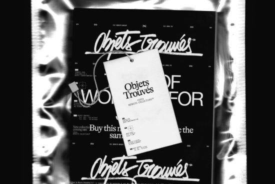 Black and white poster design mockup featuring elegant script typography for Objets Trouvés brand, ideal for showcasing stylish graphics or fonts.