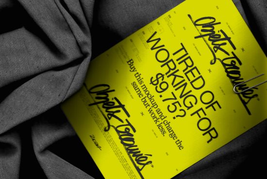 Eye-catching yellow poster mockup with bold black typography draped with fabric, ideal for dramatic graphic presentations and advertising designs.
