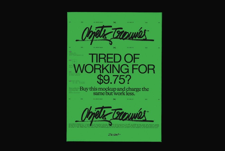 Bright neon green poster mockup with bold typography about freelance rates, handwritten logo at top