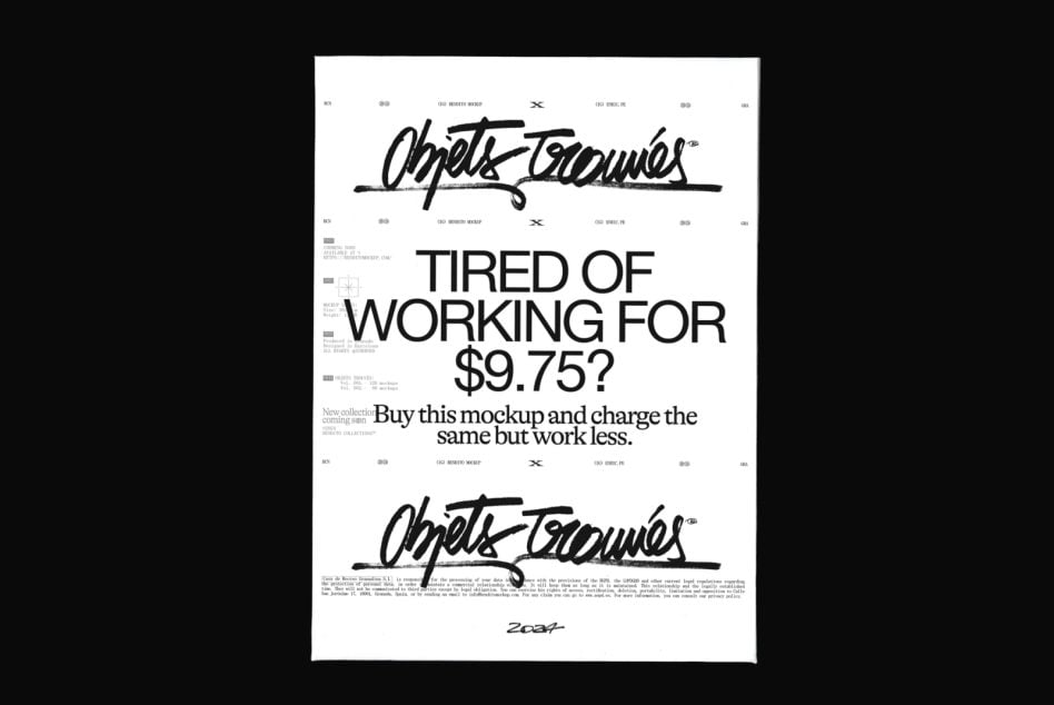 Objets Trouvés poster mockup with bold typography on white background, minimalist design