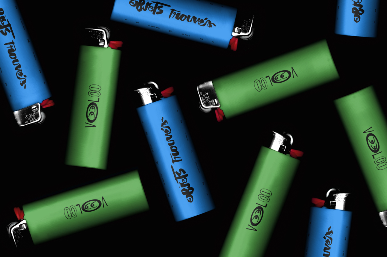 ALT: Scattered array of green and blue digital lighters with trendy branding, ideal for mockup designs or graphic assets in marketing materials.