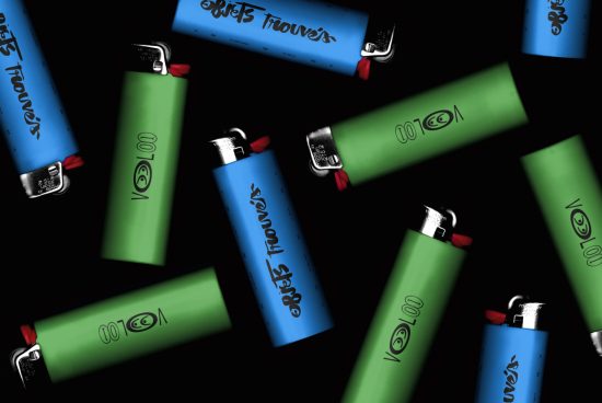 Array of colorful lighters with branding, scattered on a dark background, suitable for product mockups, advertising design materials.