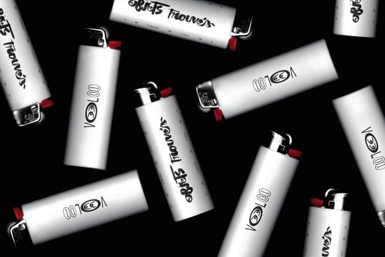 Assorted lighters with modern typography design scattered on dark background, perfect for mockup graphics showcasing branding designs.