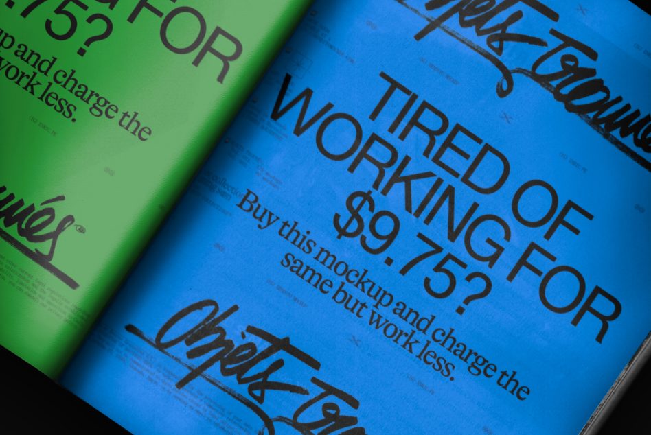 Close-up of green blue magazine covers side by side, bold text visible