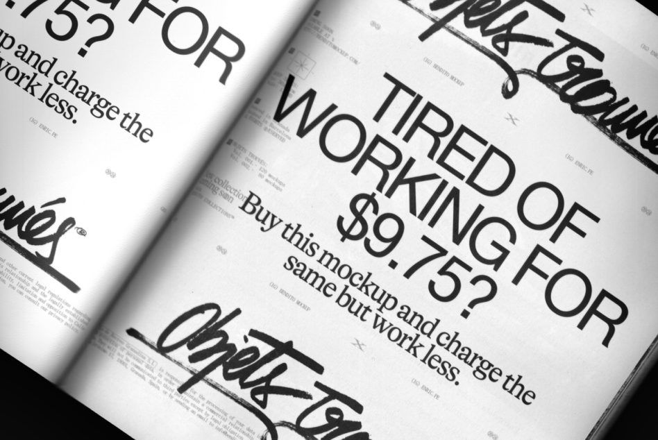 Overhead shot of open magazine pages showing bold typography with pricing text about tired working for less