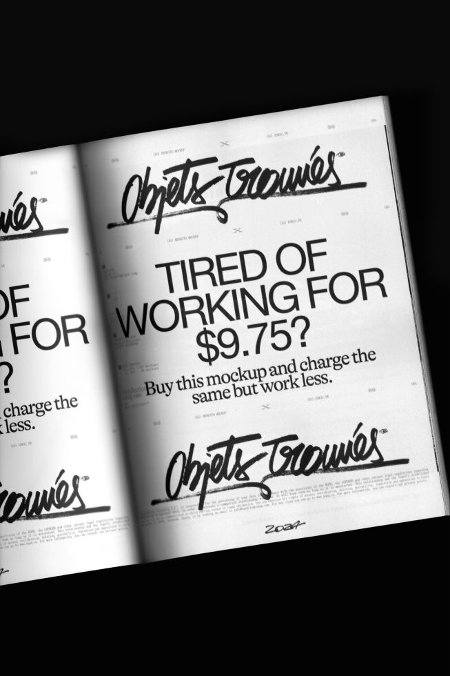 Open magazine mockup showcasing stylish script font on article spread, ideal for designers to present typography work.