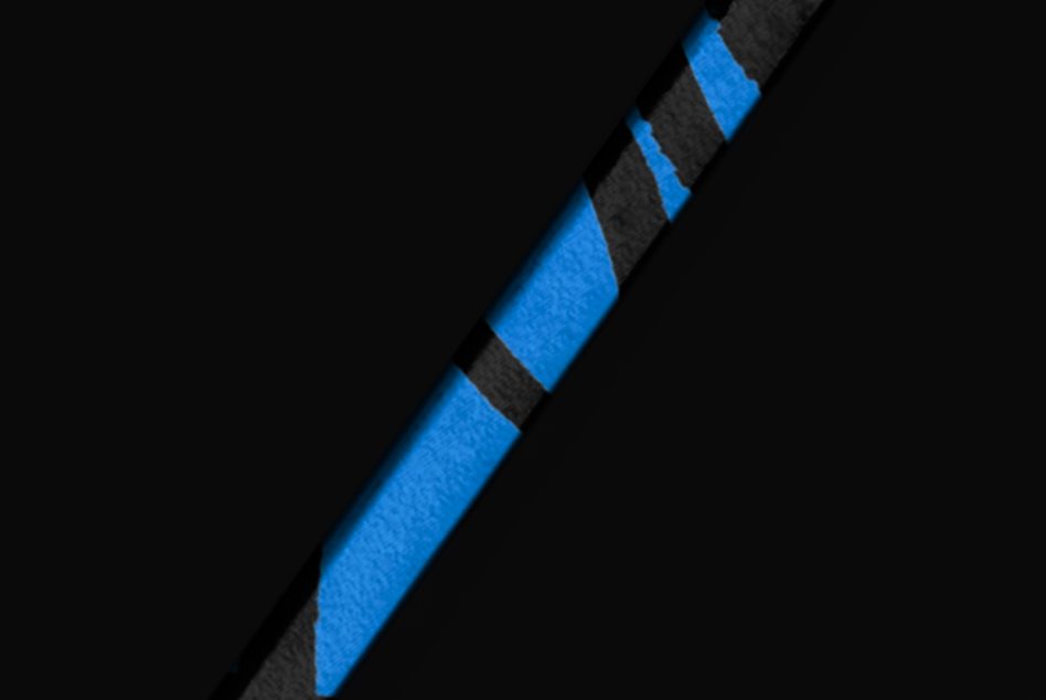 Blue baseball bat showing wrapped grip detail against black