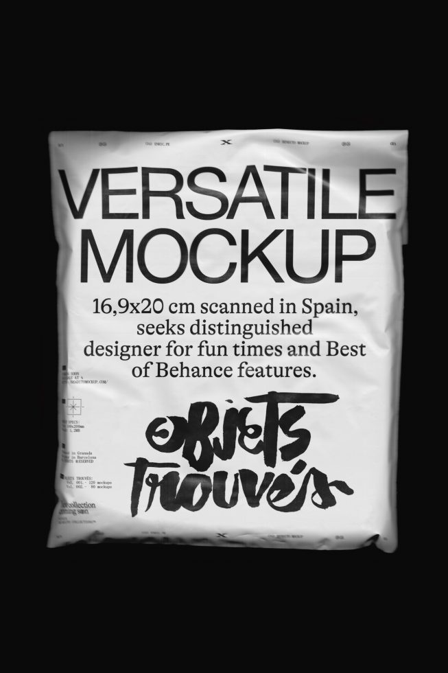 Crumpled bag mockup with bold typographic design, versatile packaging, black and white, creative asset for designers, digital download product.