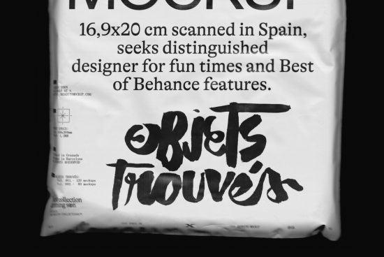 Monochrome mockup of a package with artistic brush font, details of scanning in Spain, and Behance features, ideal for design presentations.