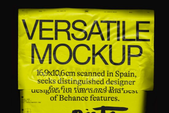 Yellow poster with bold black text reading Versatile Mockup, ideal for designers, featuring dimensions, highlights unique design and Spanish origin.