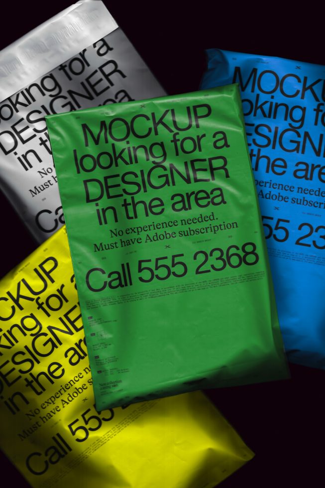 Colorful mockup bags with designer job ad, showcasing layered presentation and typography. Ideal for graphic design and template display.