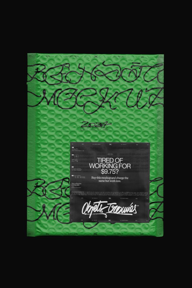 Green bubble wrap mockup with black overlay graphics and text, 2022 marketing Mockups category, designer assets.