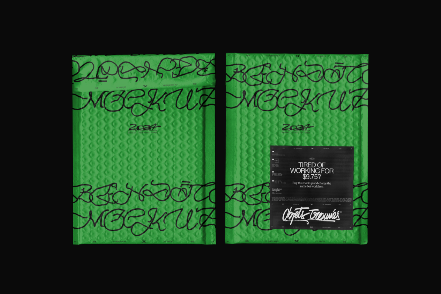 Vibrant green bubble wrap bags with black graffiti font, showcasing mockup design efficiency for captivating product presentation.