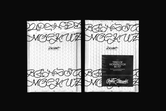 Two envelope mockups with artistic graffiti design patterns, showcasing bold typography, ideal for designers looking to display branding work.