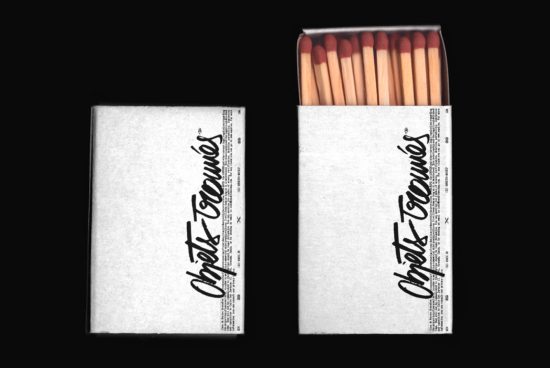 Vintage matchbox design mockup featuring closed and open boxes with matchsticks, showing front branding, ideal for product presentation.