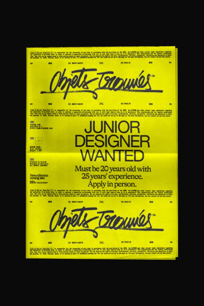 Bright yellow poster template with bold typography advertising for a junior designer, playful irony in text, suitable for mockup designs.