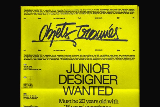 Yellow poster mockup with bold typography for Junior Designer job ad, featuring creative text layout. Perfect for design template presentation.