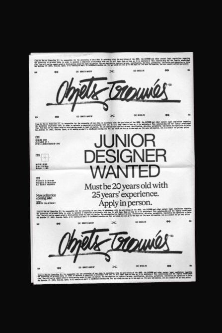 Vintage job posting mockup with handwritten signature, demanding absurd qualifications for junior role