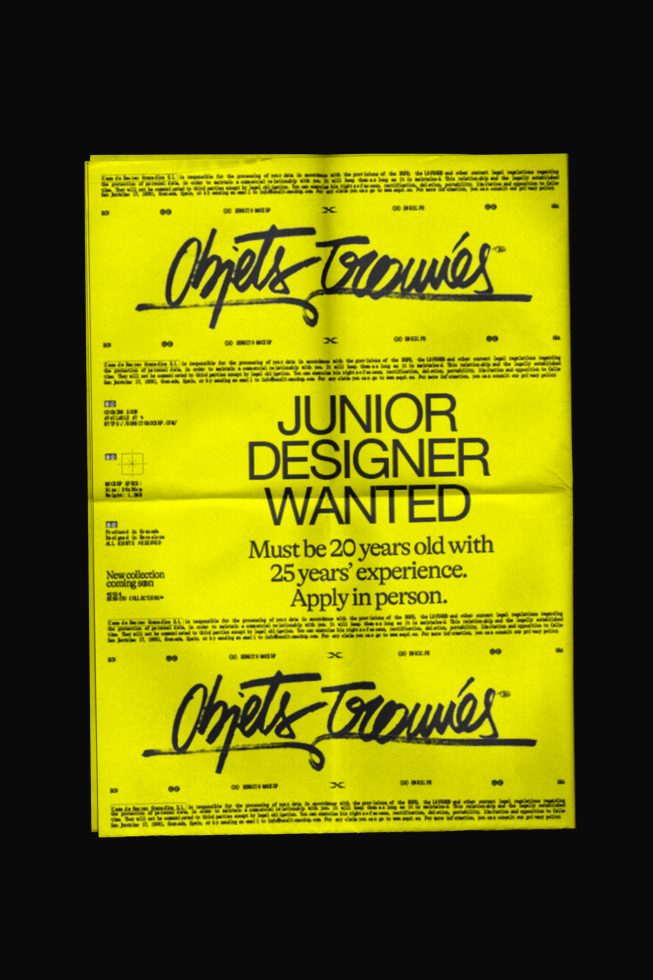 Yellow poster with bold typography mockup for job ad, Junior Designer Wanted text, graphic design, poster template, creative industry concept.