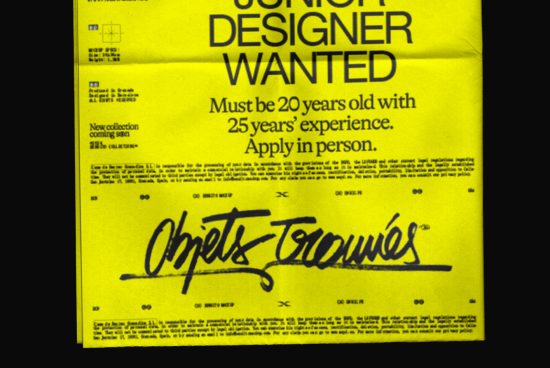 Yellow poster mockup with bold typography and script font, advertising for a seasoned designer with a sense of humor in design elements.