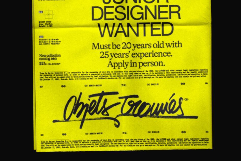 Vintage neon yellow flyer with bold typography, job posting text, signature, legal fine print at bottom