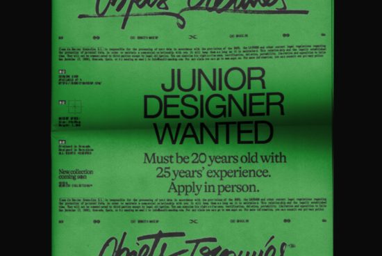 Green typographic job advertisement mockup featuring bold text for junior designer position, creative industry, graphic design template.