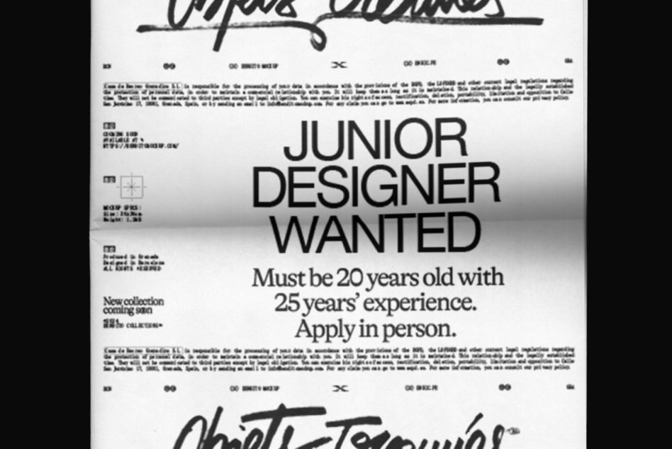 High-contrast poster featuring bold typography "Junior Designer Wanted" for mockup category, designers, job advertising, creative graphics, and text overlay.