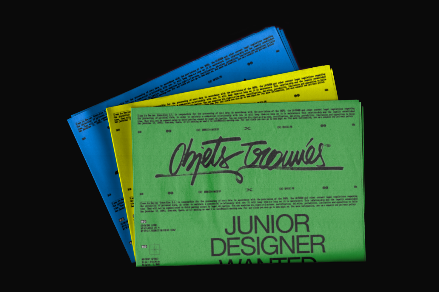 Stacked colorful paper mockups with 'Junior Designer Wanted' text, ideal for job advertisement design presentations.