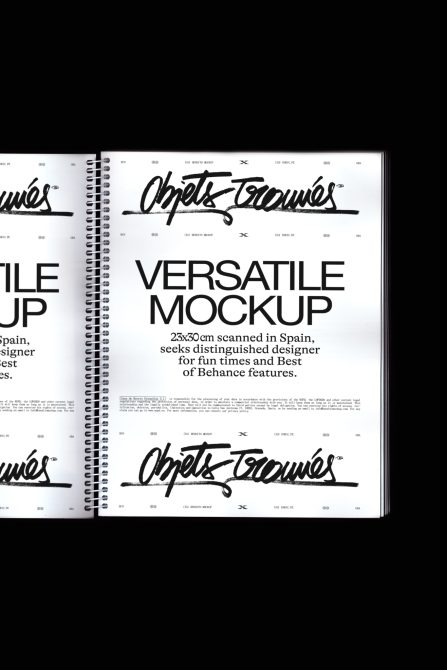 Spiral notebook mockup with stylized text design, versatile portfolio presentation, creative display for designers, editable template digital asset.