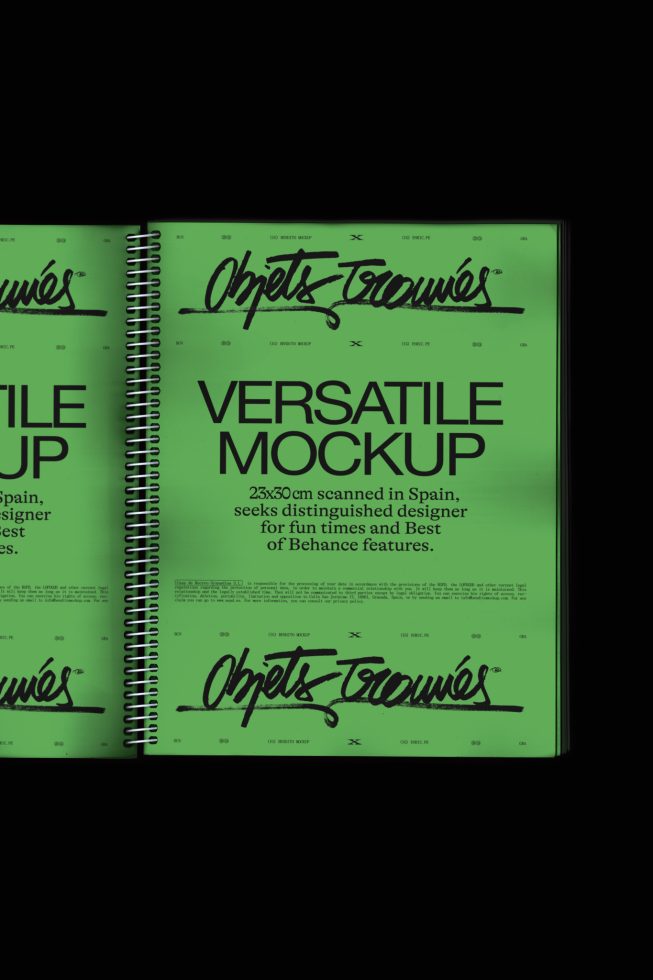 Green spiral notebook mockup with stylized black script text and layout design targeting creative professionals and graphic designers.