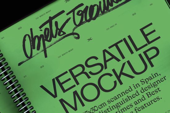 Green spiral notebook mockup with handwritten black ink overlay, titled versatile for graphic design and branding presentation.