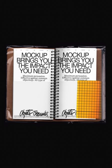 Spiral notebook mockup open to advertising pages on black background, editable template for design presentation.