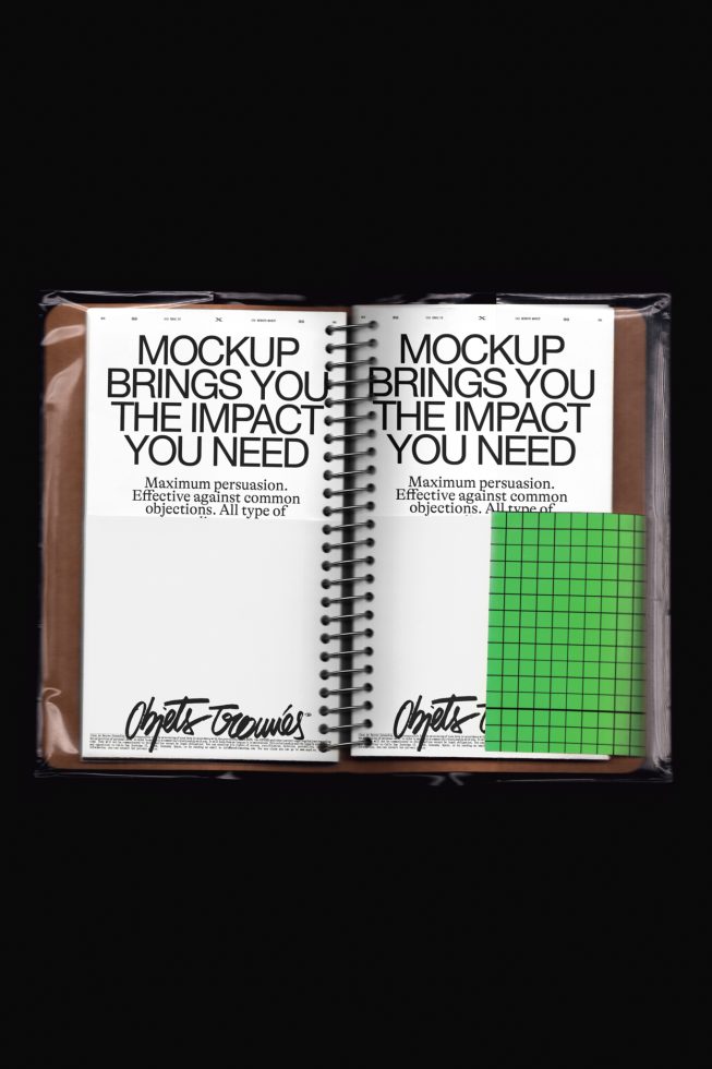 Notebook mockup with spiral binding and clear text showcasing design space, suitable for graphics, layout presentations, and branding.