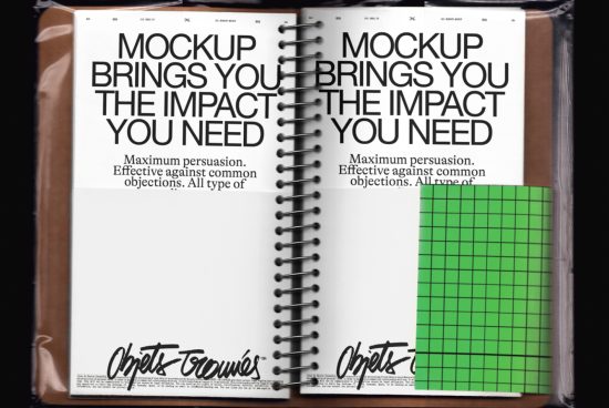 Realistic notebook mockup with spiral binding, clear text space, and grid overlay, ideal for presenting designs and fonts.