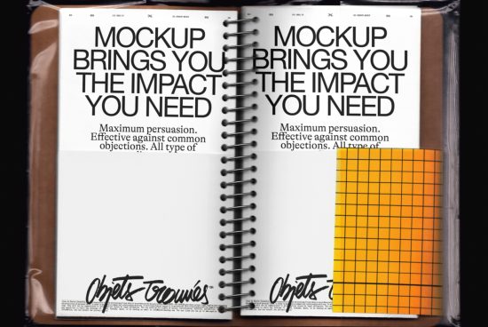 Spiral notebook mockup with bold typography and white space for design presentation, packaged in clear cellophane, ideal for graphics display.